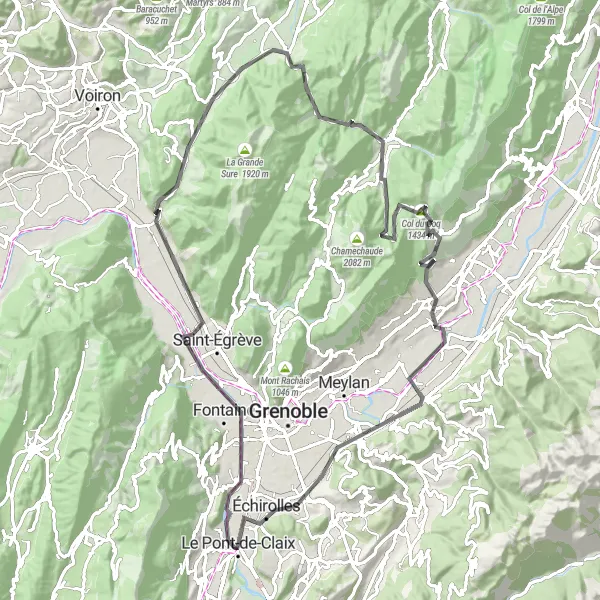 Miniatura mapy "Przejażdżka rowerowa przez Rocher du Cornillon i Saint-Pierre-de-Chartreuse" - trasy rowerowej w Rhône-Alpes, France. Wygenerowane przez planer tras rowerowych Tarmacs.app
