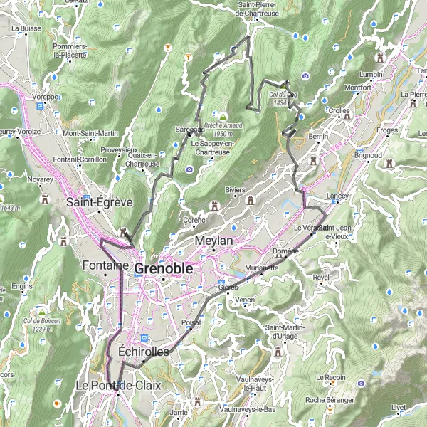 Kartminiatyr av "Utforsk Chartreuse-fjellene på landeveien" sykkelinspirasjon i Rhône-Alpes, France. Generert av Tarmacs.app sykkelrutoplanlegger