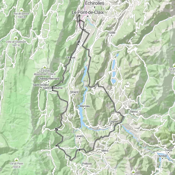 Zemljevid v pomanjšavi "Izzivna kolesarska tura v okolici Claixa" kolesarske inspiracije v Rhône-Alpes, France. Generirano z načrtovalcem kolesarskih poti Tarmacs.app