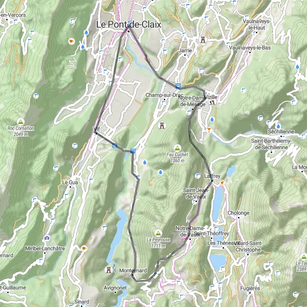 Miniatua del mapa de inspiración ciclista "Ruta de ciclismo de carretera cerca de Claix" en Rhône-Alpes, France. Generado por Tarmacs.app planificador de rutas ciclistas