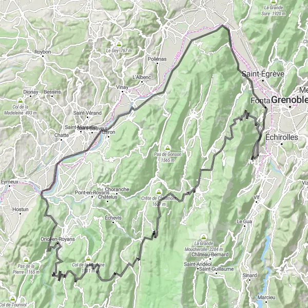 Karttaminiaatyyri "Vuorikiipeilyä ja näkymiä Vercorsin alueella" pyöräilyinspiraatiosta alueella Rhône-Alpes, France. Luotu Tarmacs.app pyöräilyreittisuunnittelijalla