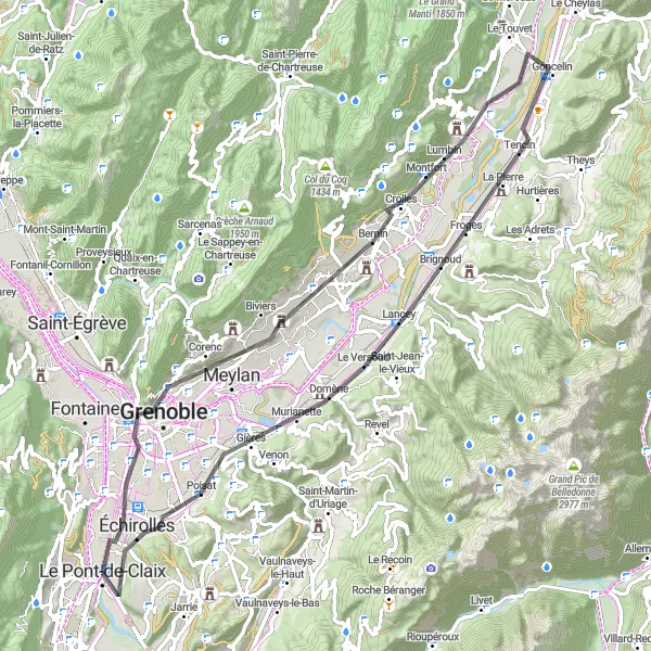 Miniatua del mapa de inspiración ciclista "Ruta de ciclismo de carretera desde Claix a Grenoble" en Rhône-Alpes, France. Generado por Tarmacs.app planificador de rutas ciclistas