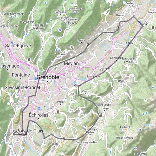 Miniatua del mapa de inspiración ciclista "Ruta en Carretera por los Alrededores de Grenoble" en Rhône-Alpes, France. Generado por Tarmacs.app planificador de rutas ciclistas