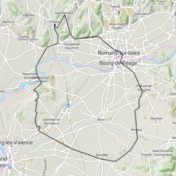 Miniature de la carte de l'inspiration cycliste "La Route des Châteaux autour de Clérieux" dans la Rhône-Alpes, France. Générée par le planificateur d'itinéraire cycliste Tarmacs.app