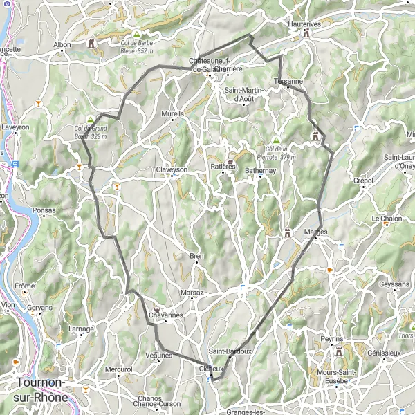 Miniature de la carte de l'inspiration cycliste "Col du Grand Bœuf et Belvédère de Veaunes" dans la Rhône-Alpes, France. Générée par le planificateur d'itinéraire cycliste Tarmacs.app