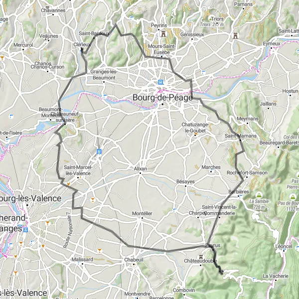 Miniature de la carte de l'inspiration cycliste "Le Tour des Vignobles de Clérieux" dans la Rhône-Alpes, France. Générée par le planificateur d'itinéraire cycliste Tarmacs.app