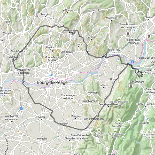 Miniaturekort af cykelinspirationen "Châtillon-Saint-Jean til Granges-les-Beaumont Rundtur" i Rhône-Alpes, France. Genereret af Tarmacs.app cykelruteplanlægger