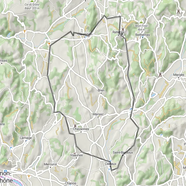 Miniature de la carte de l'inspiration cycliste "La Boucle panoramique de Clérieux" dans la Rhône-Alpes, France. Générée par le planificateur d'itinéraire cycliste Tarmacs.app