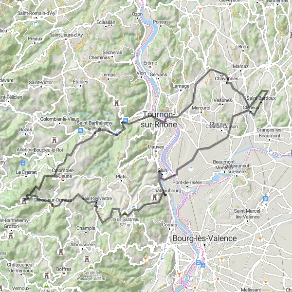 Miniature de la carte de l'inspiration cycliste "Pic de St Romain de Lerps" dans la Rhône-Alpes, France. Générée par le planificateur d'itinéraire cycliste Tarmacs.app