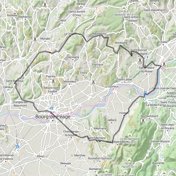 Miniature de la carte de l'inspiration cycliste "Le Chalon et l'Aqueduc" dans la Rhône-Alpes, France. Générée par le planificateur d'itinéraire cycliste Tarmacs.app