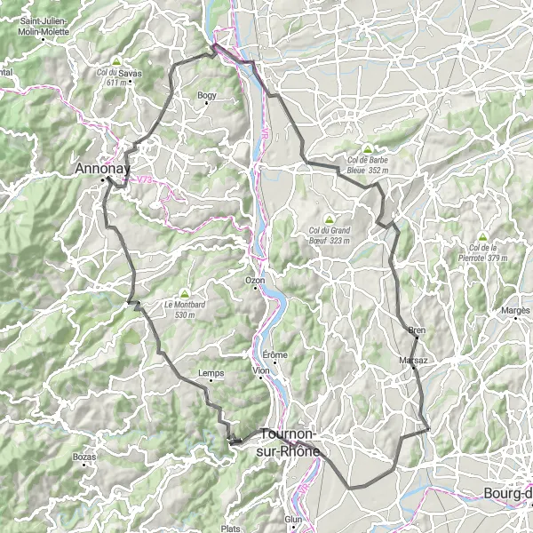 Miniature de la carte de l'inspiration cycliste "Le Grand Tour des Châteaux et Panoramas" dans la Rhône-Alpes, France. Générée par le planificateur d'itinéraire cycliste Tarmacs.app