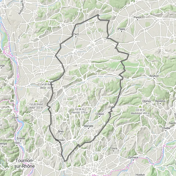 Miniature de la carte de l'inspiration cycliste "Thodure et Saint-Laurent-d'Onay" dans la Rhône-Alpes, France. Générée par le planificateur d'itinéraire cycliste Tarmacs.app