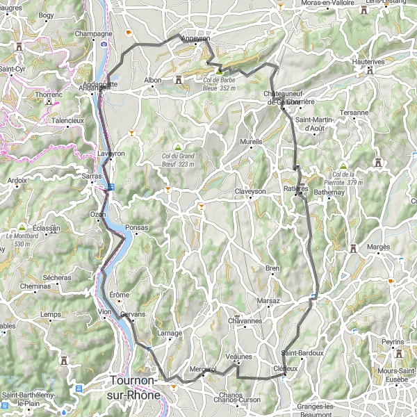 Map miniature of "Bordering the Rhône River: A Scenic and Challenging Road Cycling Route" cycling inspiration in Rhône-Alpes, France. Generated by Tarmacs.app cycling route planner