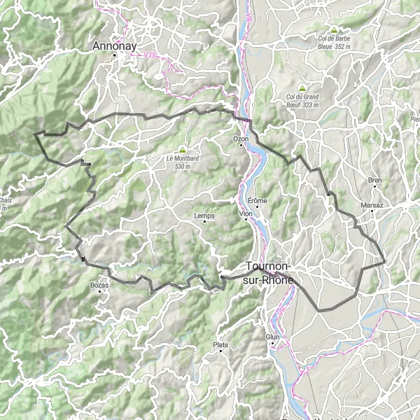 Miniature de la carte de l'inspiration cycliste "Les routes du vin de l'Hermitage" dans la Rhône-Alpes, France. Générée par le planificateur d'itinéraire cycliste Tarmacs.app