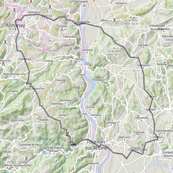 Map miniature of "Rhône Valley Delight" cycling inspiration in Rhône-Alpes, France. Generated by Tarmacs.app cycling route planner