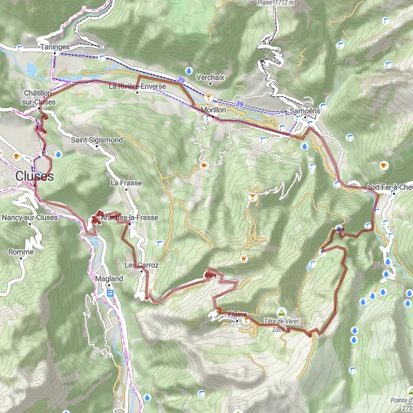 Map miniature of "Exciting Clusing Gravel Adventure" cycling inspiration in Rhône-Alpes, France. Generated by Tarmacs.app cycling route planner