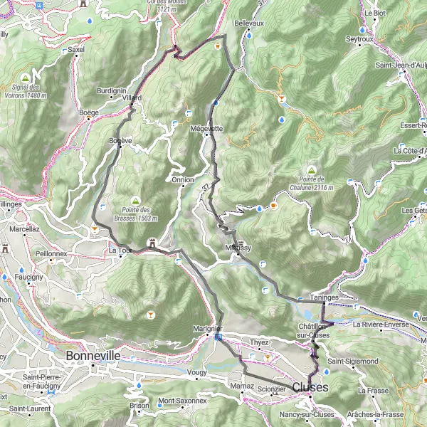 Kartminiatyr av "Bakkete terreng til Mieussy" sykkelinspirasjon i Rhône-Alpes, France. Generert av Tarmacs.app sykkelrutoplanlegger