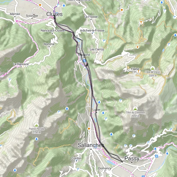 Miniatua del mapa de inspiración ciclista "Ruta de carretera a Magland" en Rhône-Alpes, France. Generado por Tarmacs.app planificador de rutas ciclistas