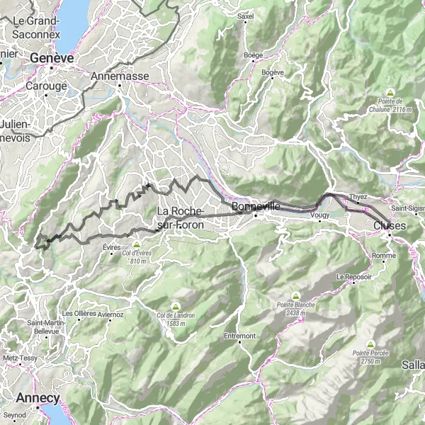 Map miniature of "Culinary and Scenic Adventure near Cluses" cycling inspiration in Rhône-Alpes, France. Generated by Tarmacs.app cycling route planner