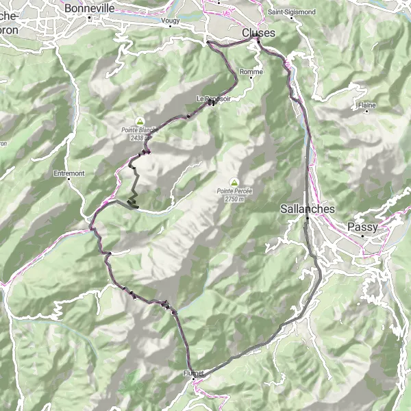 Miniatura mapy "Trasa przełęczy Cluses - Megève" - trasy rowerowej w Rhône-Alpes, France. Wygenerowane przez planer tras rowerowych Tarmacs.app