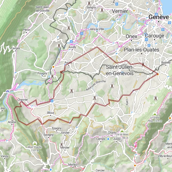 Miniature de la carte de l'inspiration cycliste "Gravel entre Genevois et Vuache" dans la Rhône-Alpes, France. Générée par le planificateur d'itinéraire cycliste Tarmacs.app