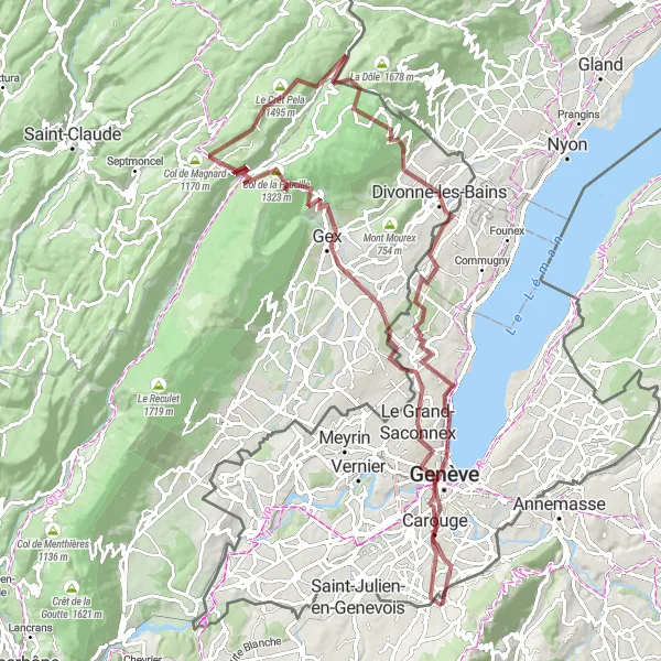 Mapa miniatúra "Epic gravel journey to Divonne-les-Bains" cyklistická inšpirácia v Rhône-Alpes, France. Vygenerované cyklistickým plánovačom trás Tarmacs.app