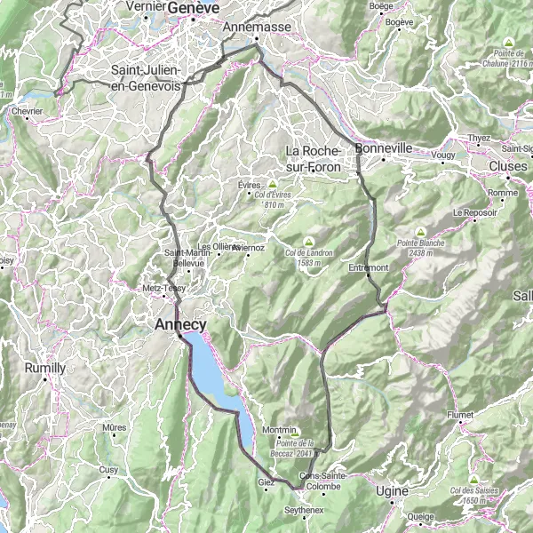 Map miniature of "Geneva to Annecy Loop" cycling inspiration in Rhône-Alpes, France. Generated by Tarmacs.app cycling route planner