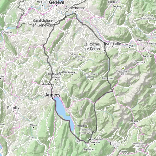 Karttaminiaatyyri "Collonges-sous-Salève - Collonges-sous-Salève via Étrembières" pyöräilyinspiraatiosta alueella Rhône-Alpes, France. Luotu Tarmacs.app pyöräilyreittisuunnittelijalla