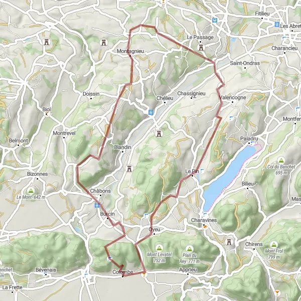 Mapa miniatúra "Okruh okolo Colombe - Gravel" cyklistická inšpirácia v Rhône-Alpes, France. Vygenerované cyklistickým plánovačom trás Tarmacs.app