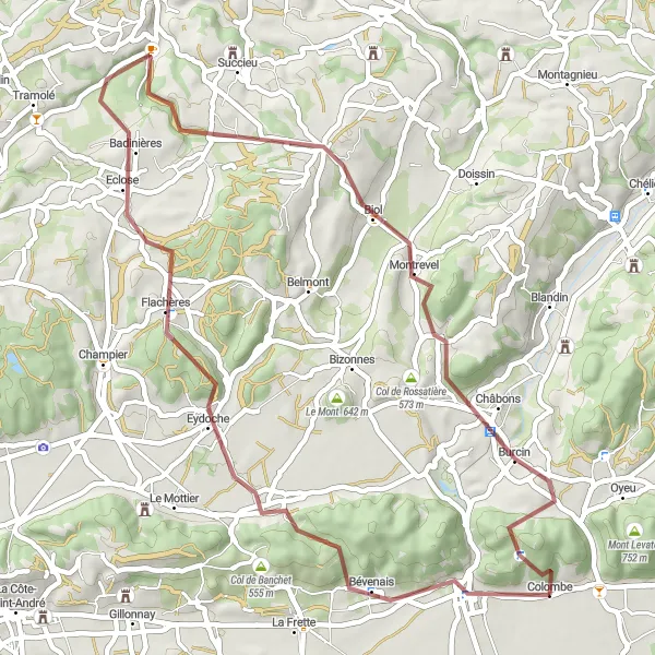 Mapa miniatúra "Pitoreskna cesta cez Bévenais" cyklistická inšpirácia v Rhône-Alpes, France. Vygenerované cyklistickým plánovačom trás Tarmacs.app