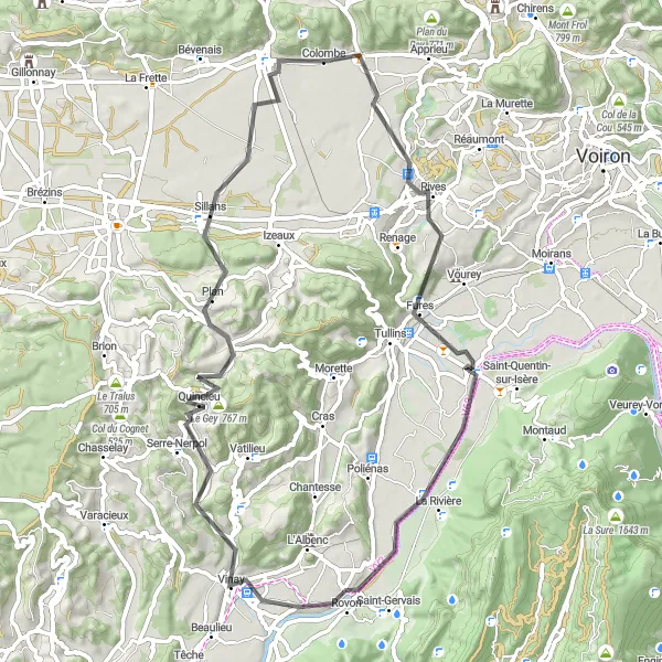 Miniature de la carte de l'inspiration cycliste "Boucle des Villages Secrets" dans la Rhône-Alpes, France. Générée par le planificateur d'itinéraire cycliste Tarmacs.app