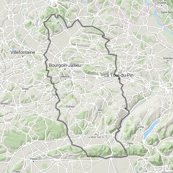 Miniature de la carte de l'inspiration cycliste "Boucle des Montagnes" dans la Rhône-Alpes, France. Générée par le planificateur d'itinéraire cycliste Tarmacs.app
