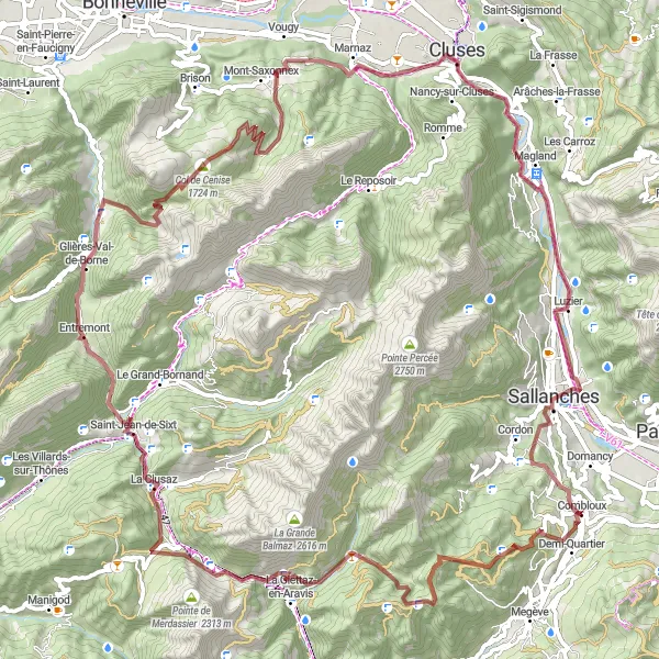 Miniature de la carte de l'inspiration cycliste "Parcours Gravel du Mont-Blanc" dans la Rhône-Alpes, France. Générée par le planificateur d'itinéraire cycliste Tarmacs.app