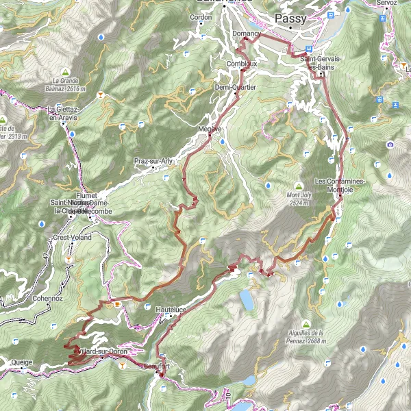 Zemljevid v pomanjšavi "Gravelska avantura v Domancyju" kolesarske inspiracije v Rhône-Alpes, France. Generirano z načrtovalcem kolesarskih poti Tarmacs.app