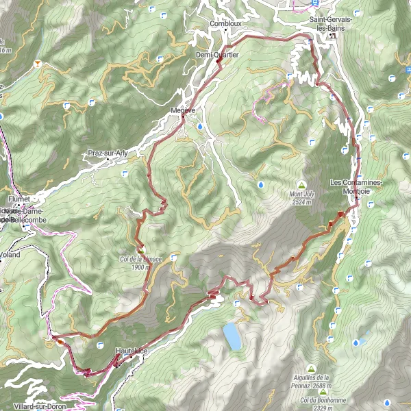 Miniatuurkaart van de fietsinspiratie "Avontuur door Les Contamines-Montjoie en Les Saisies" in Rhône-Alpes, France. Gemaakt door de Tarmacs.app fietsrouteplanner