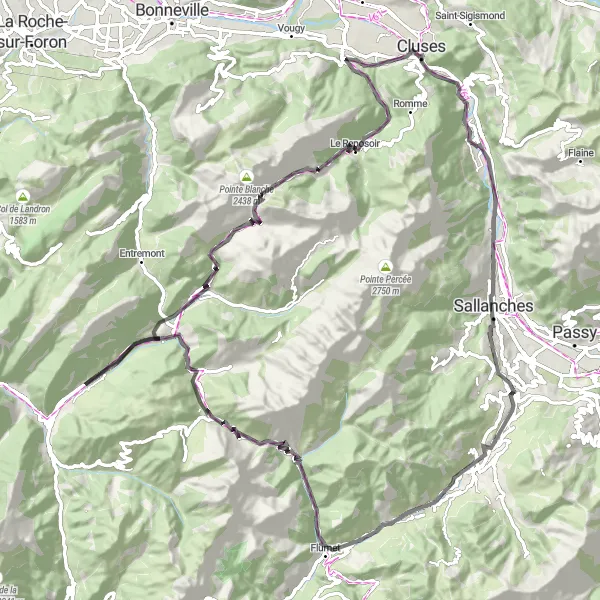 Miniaturekort af cykelinspirationen "Udfordrende cykeloplevelse nær Combloux" i Rhône-Alpes, France. Genereret af Tarmacs.app cykelruteplanlægger