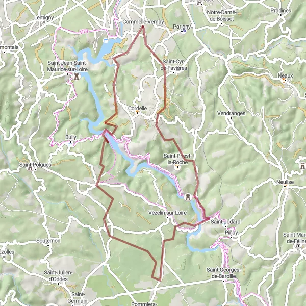 Miniature de la carte de l'inspiration cycliste "Boucle gravel à travers Saint-Priest-la-Roche et Amions" dans la Rhône-Alpes, France. Générée par le planificateur d'itinéraire cycliste Tarmacs.app