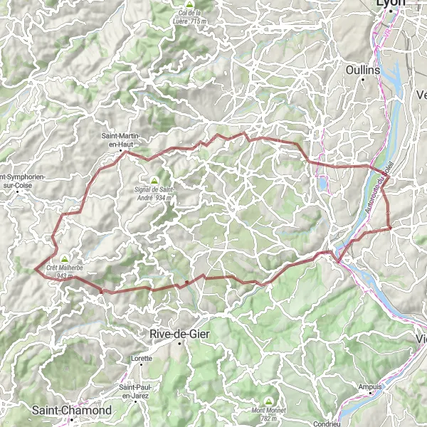 Mapa miniatúra "Gravelový výlet do prírody" cyklistická inšpirácia v Rhône-Alpes, France. Vygenerované cyklistickým plánovačom trás Tarmacs.app