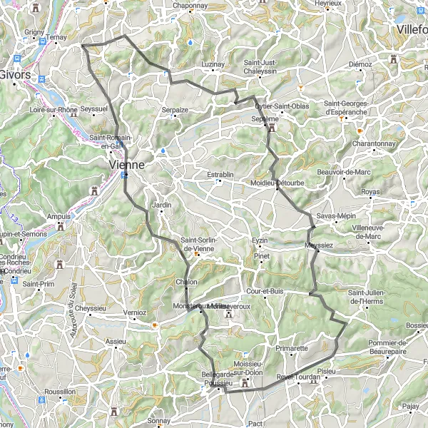 Map miniature of "Villette-de-Vienne - Rével-Tourdan - Petite Pra" cycling inspiration in Rhône-Alpes, France. Generated by Tarmacs.app cycling route planner