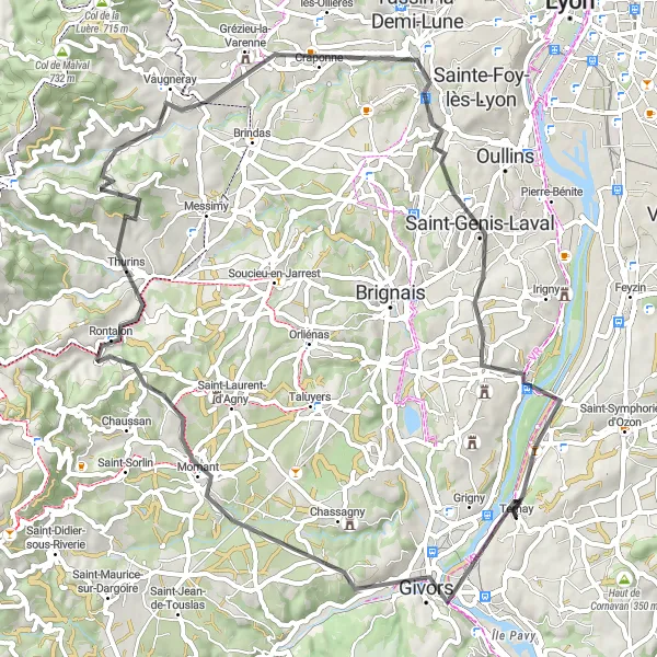 Zemljevid v pomanjšavi "Izlet skozi naravo od Givorsa do Vernaisona" kolesarske inspiracije v Rhône-Alpes, France. Generirano z načrtovalcem kolesarskih poti Tarmacs.app