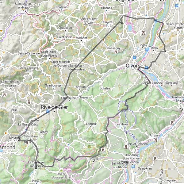 Map miniature of "Givors - Mont Monnet -Saint-Jean-de-Touslas" cycling inspiration in Rhône-Alpes, France. Generated by Tarmacs.app cycling route planner