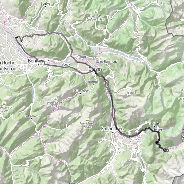 Map miniature of "Contamine-sur-Arve to Bonneville Cycling Route" cycling inspiration in Rhône-Alpes, France. Generated by Tarmacs.app cycling route planner