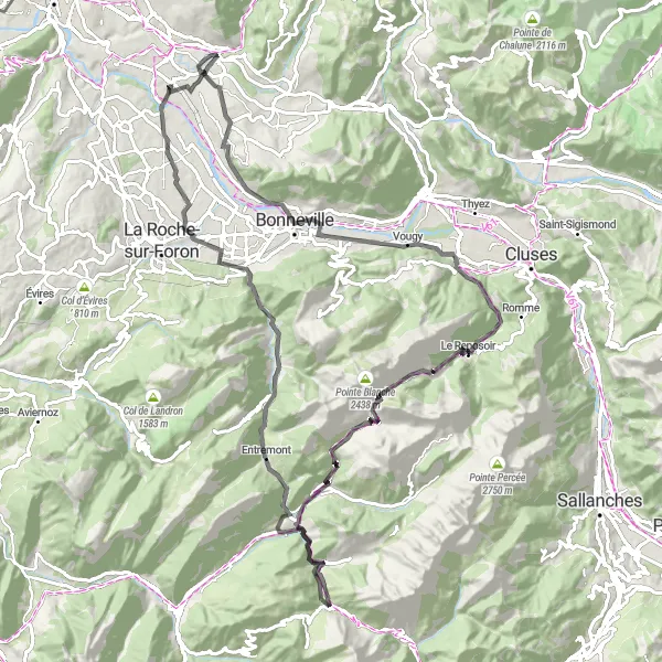 Kartminiatyr av "Eventyr til Le Grand-Bornand" sykkelinspirasjon i Rhône-Alpes, France. Generert av Tarmacs.app sykkelrutoplanlegger