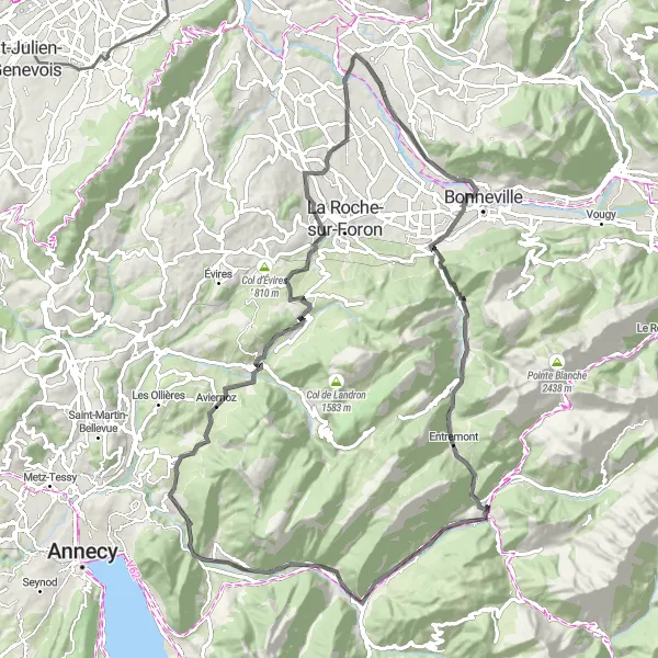 Miniaturní mapa "Trasa okolo Contamine-sur-Arve a kolem Château d'Arcine" inspirace pro cyklisty v oblasti Rhône-Alpes, France. Vytvořeno pomocí plánovače tras Tarmacs.app