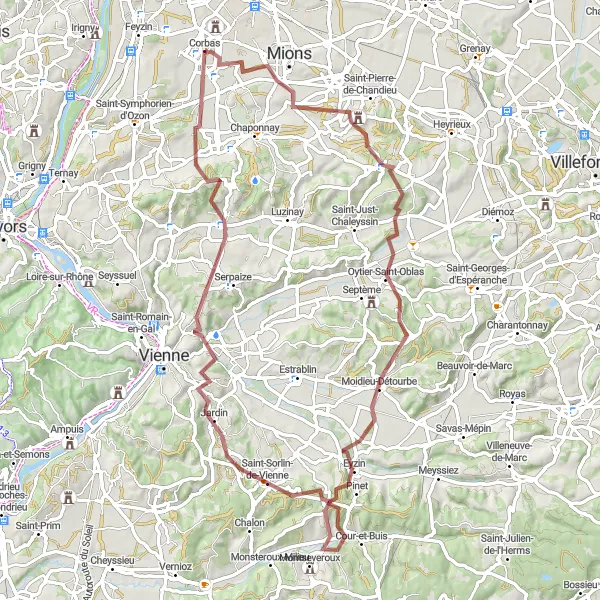 Kartminiatyr av "Gravelväg från Corbas till Moidieu-Détourbe" cykelinspiration i Rhône-Alpes, France. Genererad av Tarmacs.app cykelruttplanerare