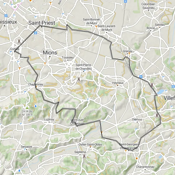 Miniatura della mappa di ispirazione al ciclismo "Tour in bicicletta tra Saint-Priest e Chaponnay" nella regione di Rhône-Alpes, France. Generata da Tarmacs.app, pianificatore di rotte ciclistiche