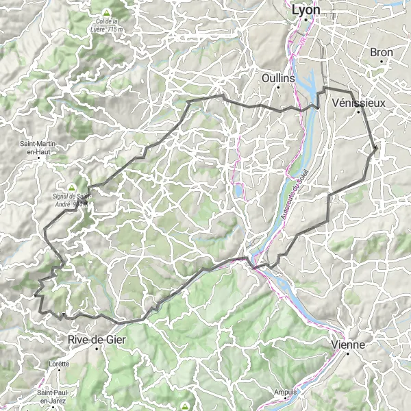 Kartminiatyr av "Veitur til Vénissieux" sykkelinspirasjon i Rhône-Alpes, France. Generert av Tarmacs.app sykkelrutoplanlegger
