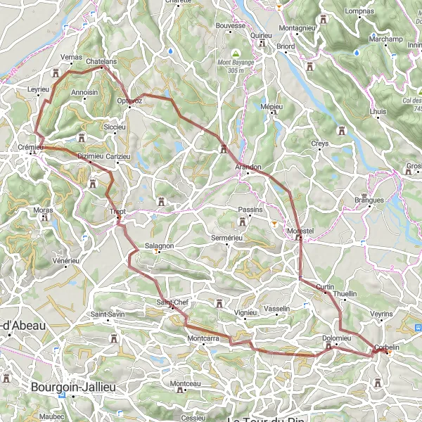 Miniaturní mapa "Gravelová cyklotrasa z Corbelin - Dolomieu - Trept - Crémieu - Optevoz - Saint-Sorlin-de-Morestel" inspirace pro cyklisty v oblasti Rhône-Alpes, France. Vytvořeno pomocí plánovače tras Tarmacs.app