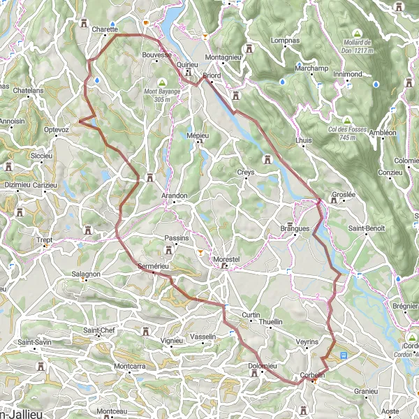 Miniaturní mapa "Zážitková cyklotrasa v okolí Corbelinu" inspirace pro cyklisty v oblasti Rhône-Alpes, France. Vytvořeno pomocí plánovače tras Tarmacs.app