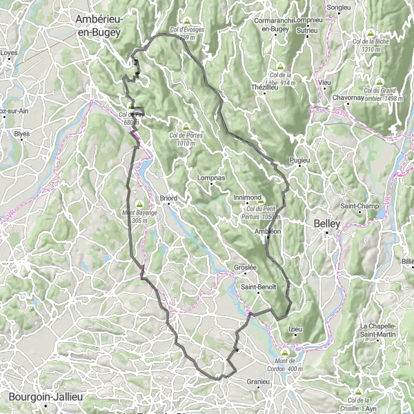 Mapa miniatúra "Cyklo okruh cez Dolomieu a Les Avenières" cyklistická inšpirácia v Rhône-Alpes, France. Vygenerované cyklistickým plánovačom trás Tarmacs.app